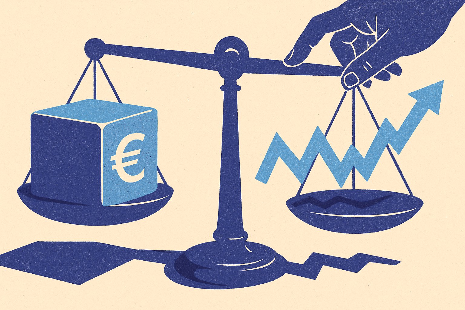Illustration duotone : balance comparant un cube solide fonds euros et une fleche dynamique unites de compte