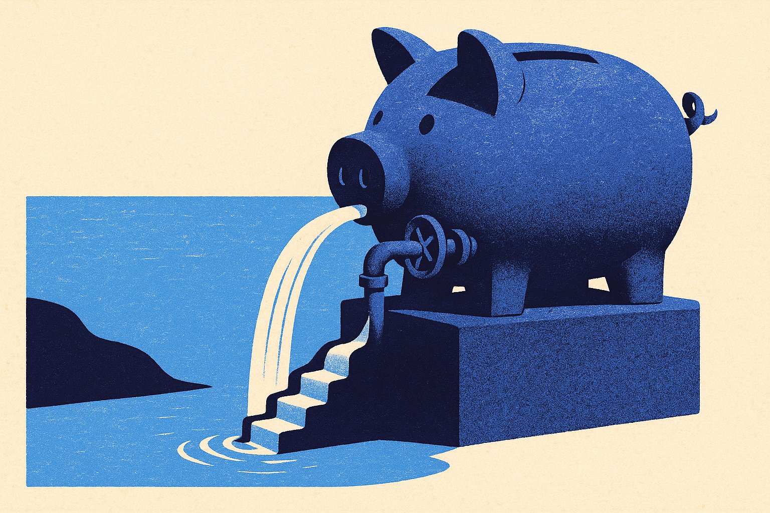 Illustration duotone : tirelire reservoir liberant un flux regulier, symbole des reserves qui lissent le rendement
