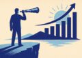 Illustration duotone indigo : observateur scrutant a la longue-vue une courbe de rendement ascendante pour 2026