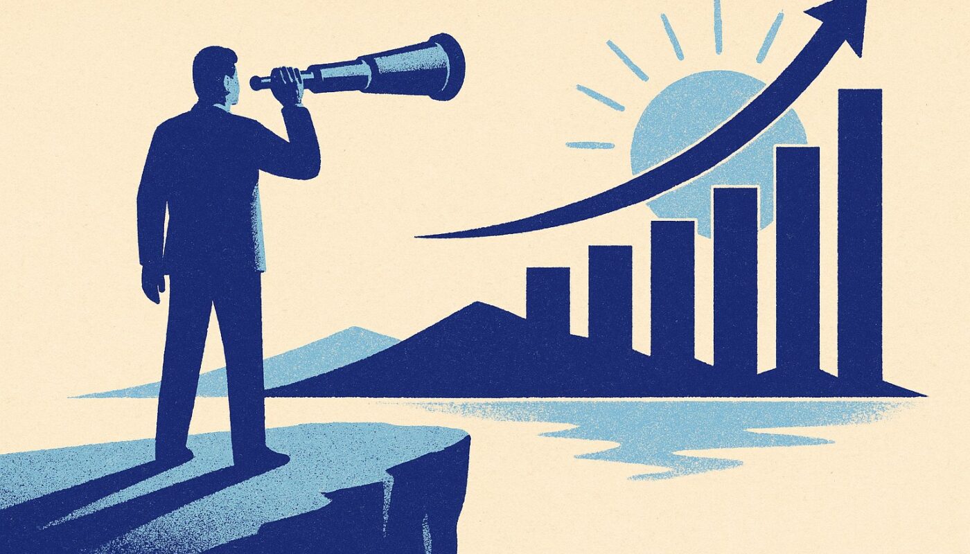 Illustration duotone indigo : observateur scrutant a la longue-vue une courbe de rendement ascendante pour 2026
