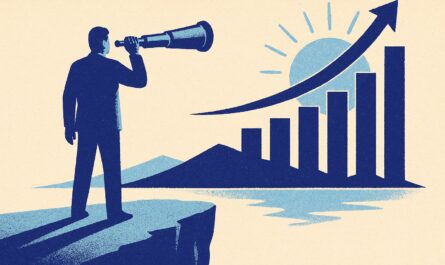 Illustration duotone indigo : observateur scrutant a la longue-vue une courbe de rendement ascendante pour 2026