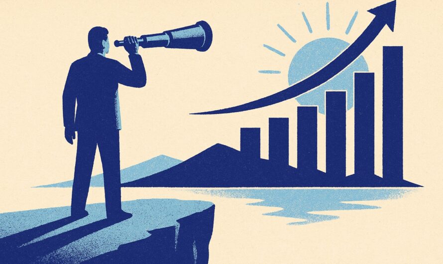 Illustration duotone indigo : observateur scrutant a la longue-vue une courbe de rendement ascendante pour 2026
