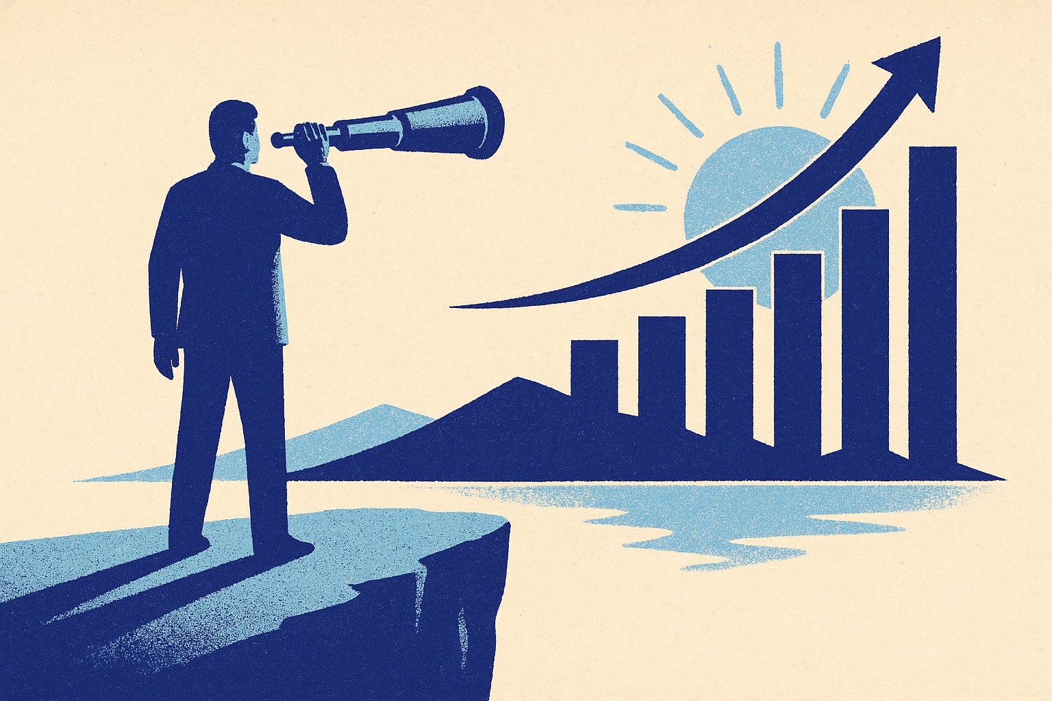 Illustration duotone indigo : observateur scrutant a la longue-vue une courbe de rendement ascendante pour 2026