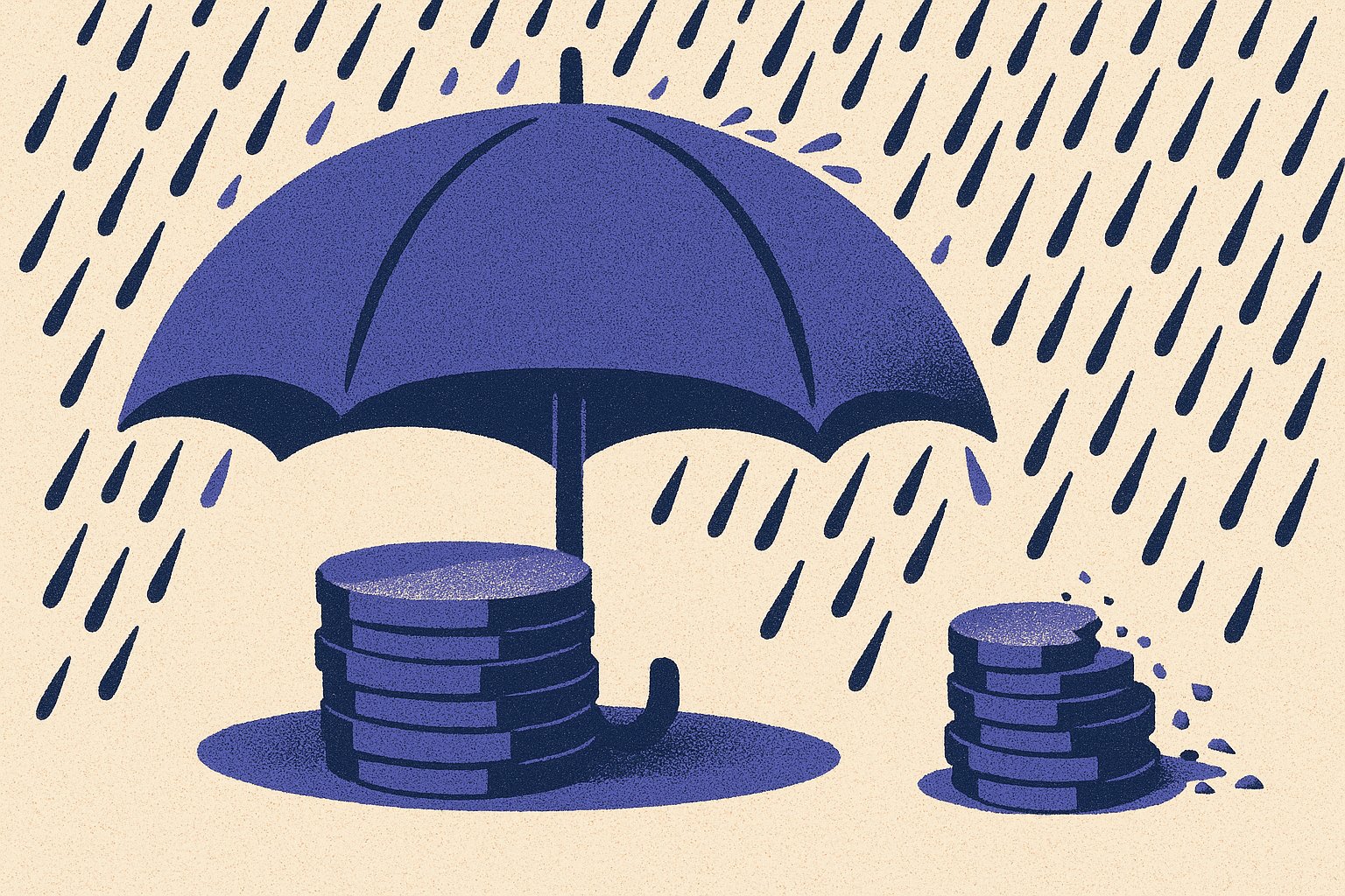 Parapluie abritant une pile de pièces de la pluie, une seconde pile exposée et érodée à droite