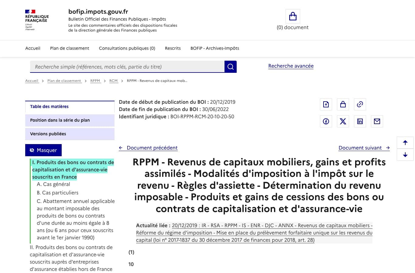 Capture d'écran de la page officielle BOFiP BOI-RPPM-RCM-20-10-20-50 sur la détermination du revenu imposable des contrats d'assurance-vie