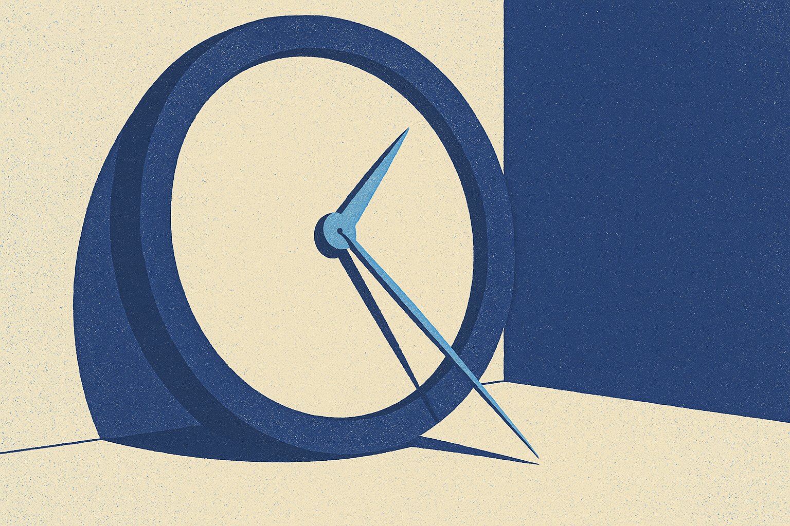 Illustration duotone indigo d'un cadran d'horloge monumental sans chiffres à une seule aiguille, métaphore des délais légaux qui courent contre le bénéficiaire d'une assurance vie