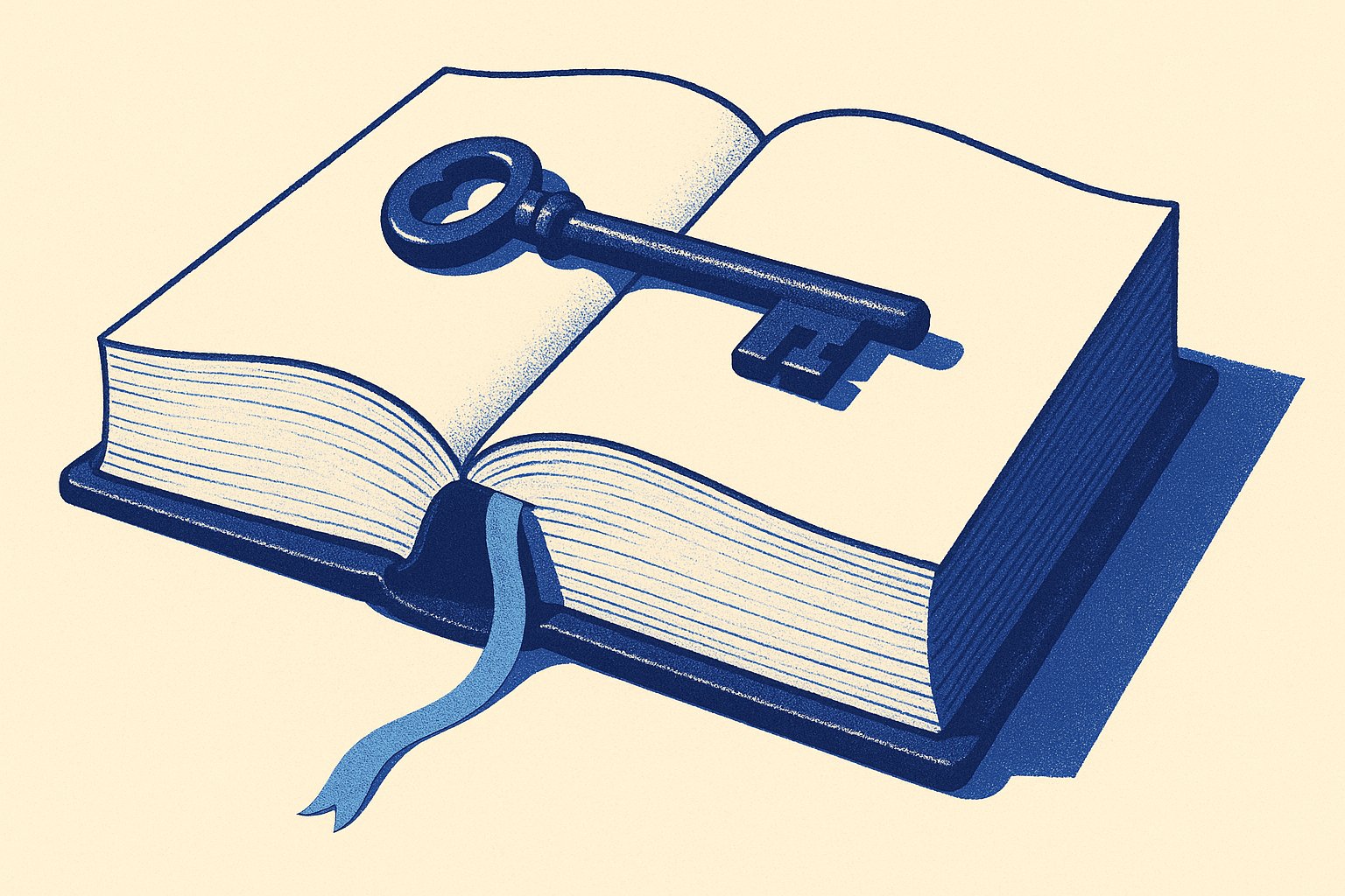 Illustration duotone indigo d'un grand registre relié ouvert aux pages vierges, ruban signet bleu ciel et clé posée en travers, métaphore du fichier FICOVIE consultable par un notaire mandaté