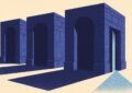 Illustration duotone indigo de trois portails monumentaux alignes dont un seul est entrouvert, laissant passer un rai de lumiere, metaphore des trois circuits officiels pour savoir si on est beneficiaire d'une assurance vie