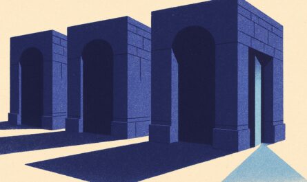 Illustration duotone indigo de trois portails monumentaux alignes dont un seul est entrouvert, laissant passer un rai de lumiere, metaphore des trois circuits officiels pour savoir si on est beneficiaire d'une assurance vie