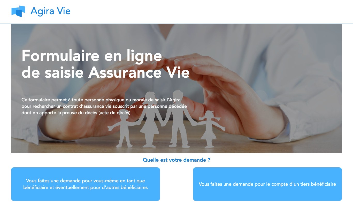 Capture d'écran du formulaire en ligne de saisie Assurance Vie de l'Agira, avec le choix entre une demande pour soi-même en tant que bénéficiaire et une demande pour le compte d'un tiers bénéficiaire