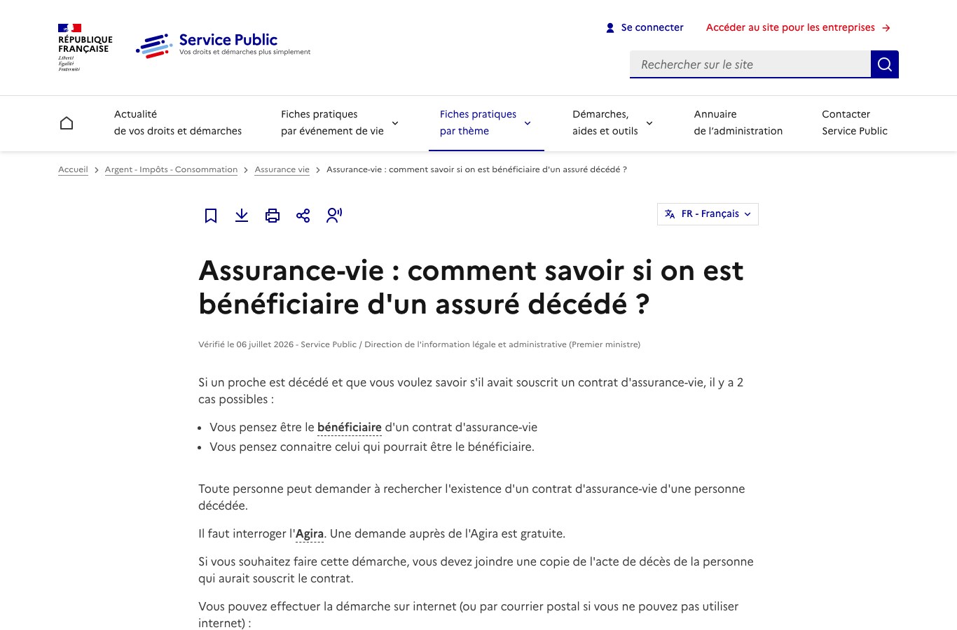 Capture d'écran de la fiche officielle service-public.gouv.fr expliquant comment savoir si on est bénéficiaire de l'assurance vie d'un assuré décédé, vérifiée le 6 juillet 2026