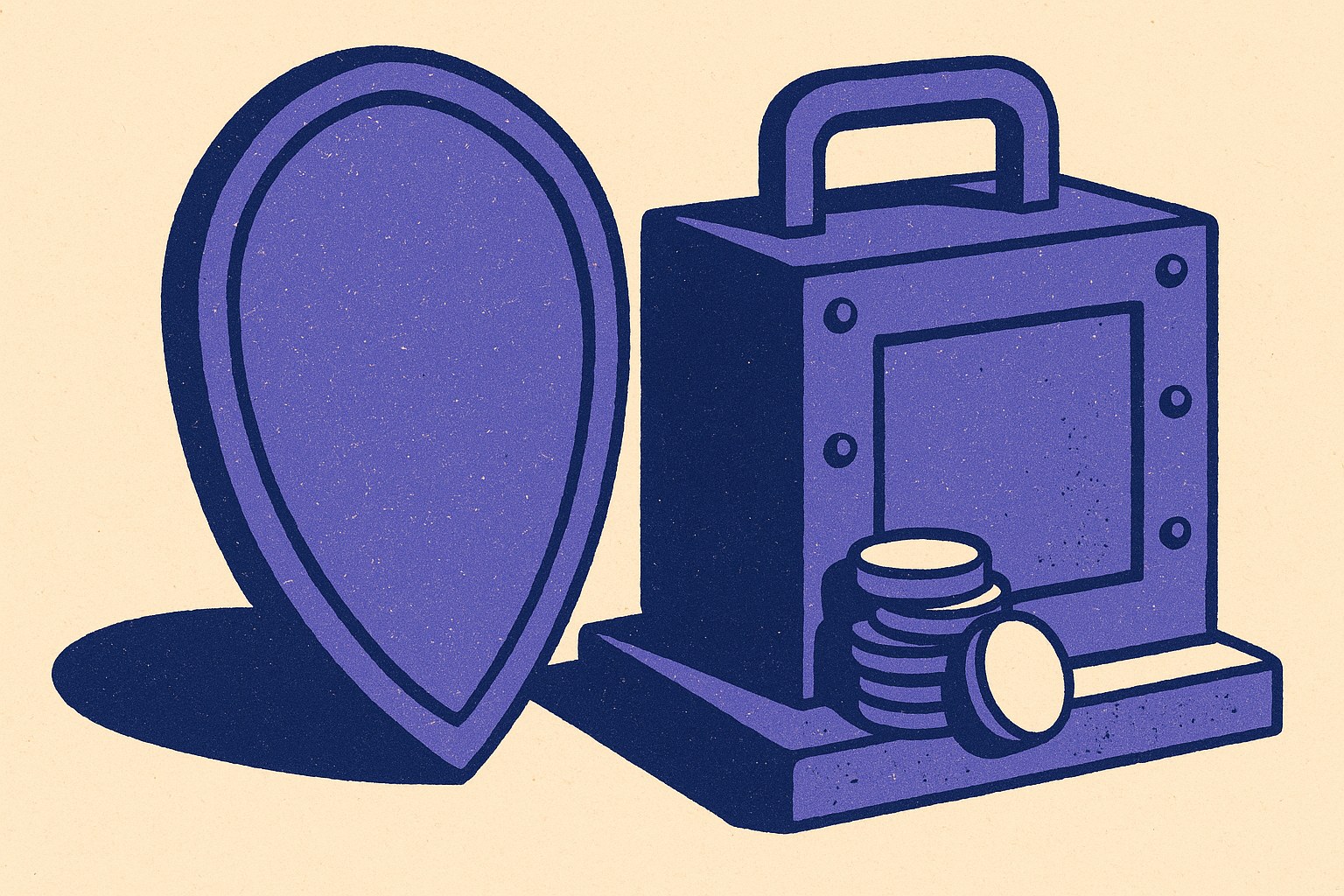 Illustration duotone d un bouclier et d un coffre-fort posés sur un même socle