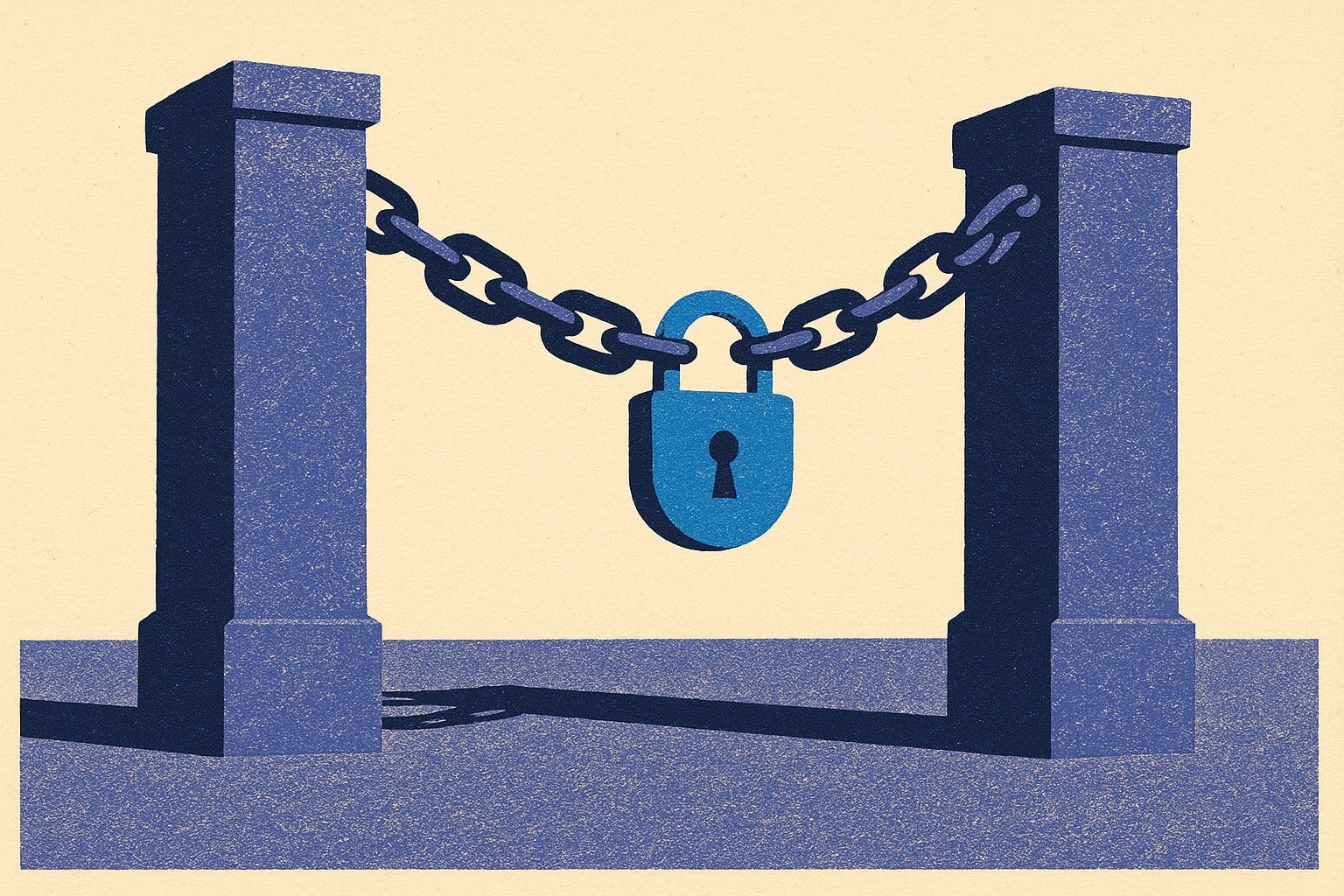 Illustration duotone de deux piliers de pierre reliés par une chaîne fermée d un cadenas
