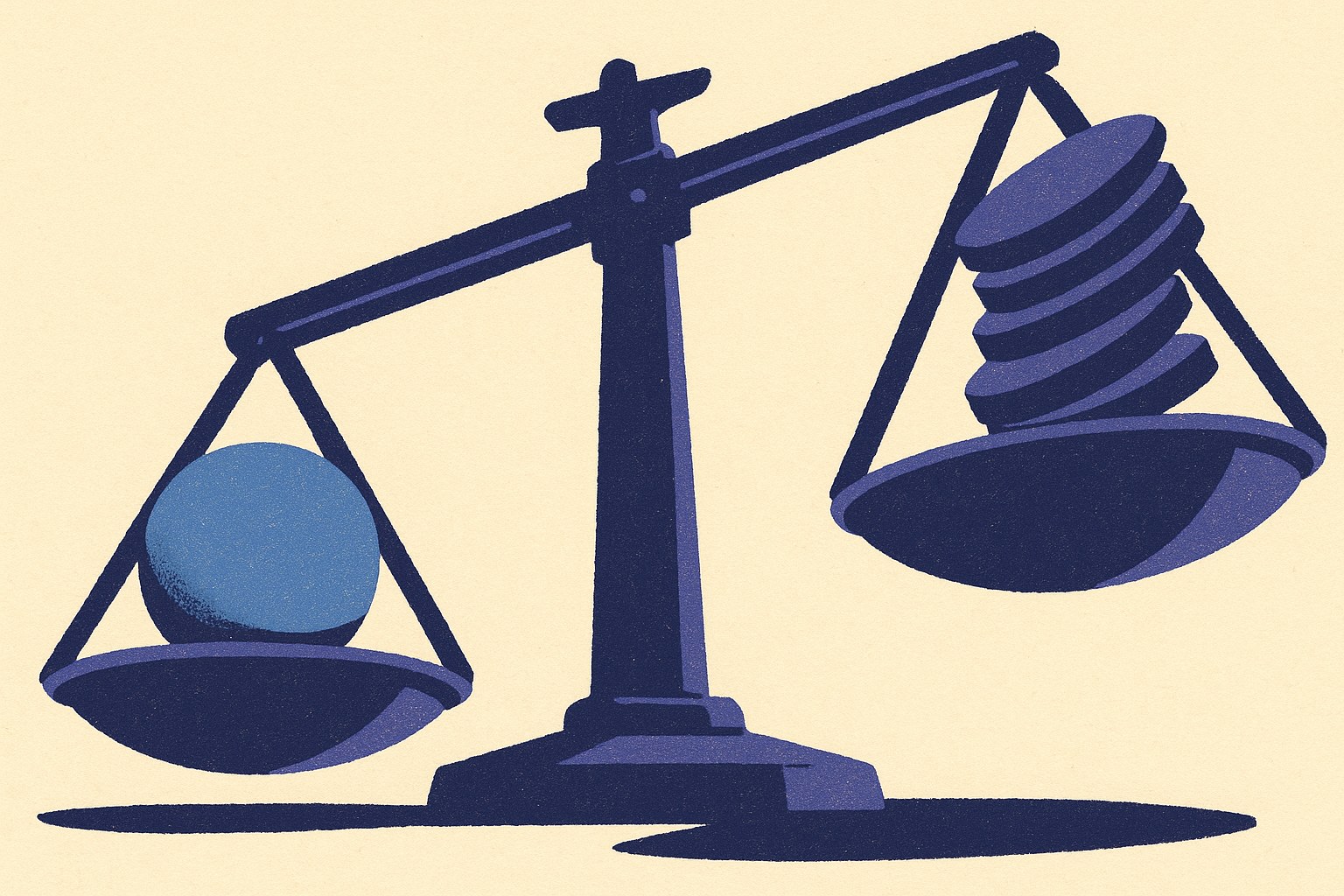 Illustration duotone d une balance monumentale déséquilibrée entre une sphère et une pile de disques
