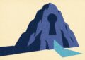 Illustration duotone indigo et bleu ciel : un sommet alpin monumental percé d une serrure geante d ou s echappe un faisceau de lumiere