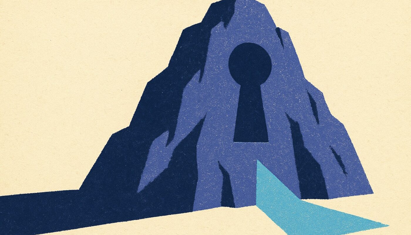 Illustration duotone indigo et bleu ciel : un sommet alpin monumental percé d une serrure geante d ou s echappe un faisceau de lumiere