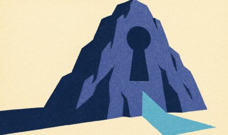 Illustration duotone indigo et bleu ciel : un sommet alpin monumental percé d une serrure geante d ou s echappe un faisceau de lumiere