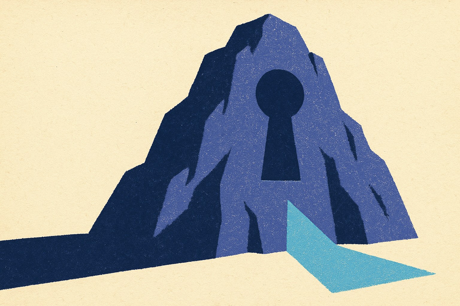 Illustration duotone indigo et bleu ciel : un sommet alpin monumental percé d une serrure geante d ou s echappe un faisceau de lumiere