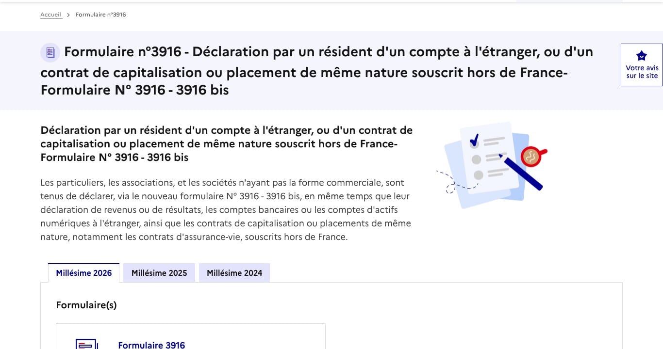 Page du formulaire 3916 et 3916 bis sur impots.gouv.fr, millésime 2026