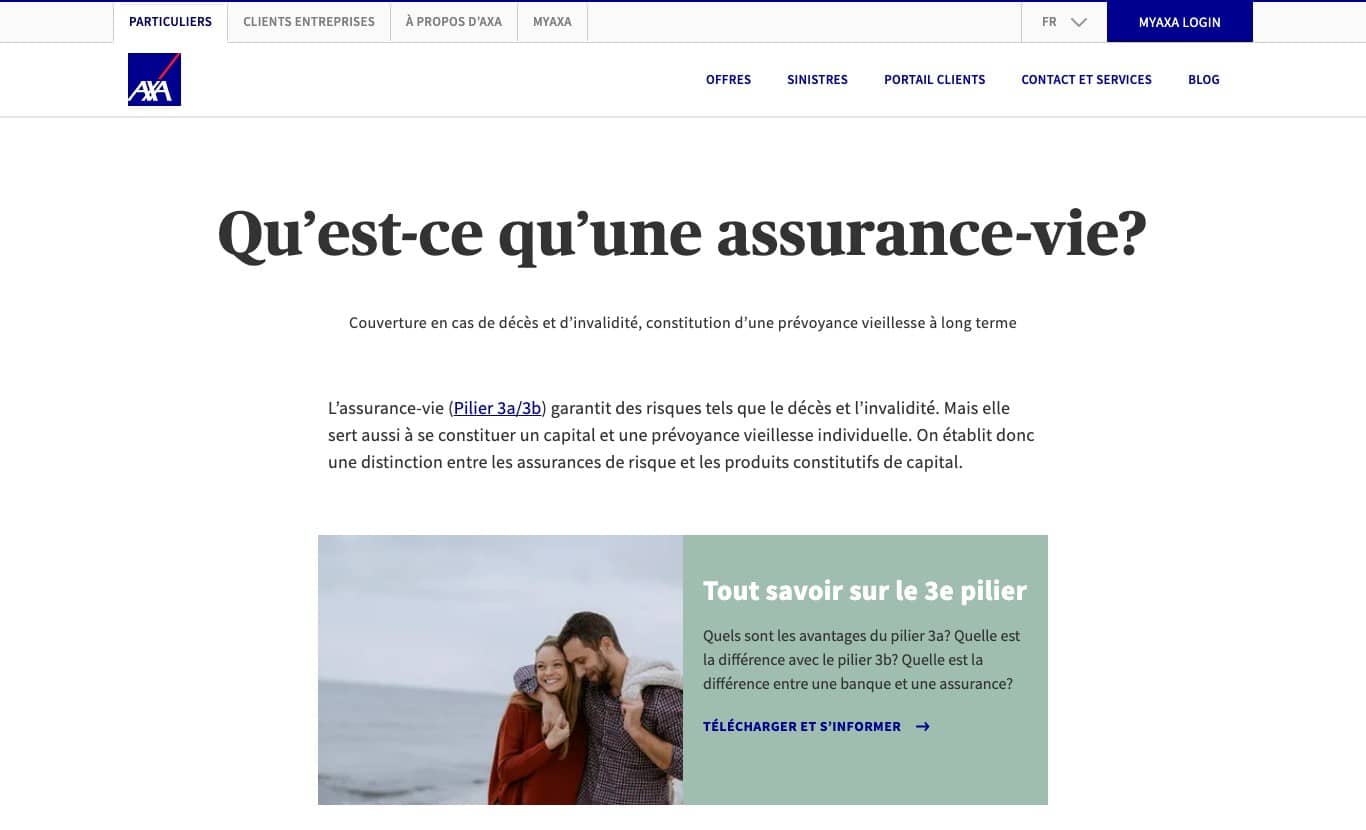 Page assurance-vie d AXA Suisse renvoyant explicitement au pilier 3a et 3b