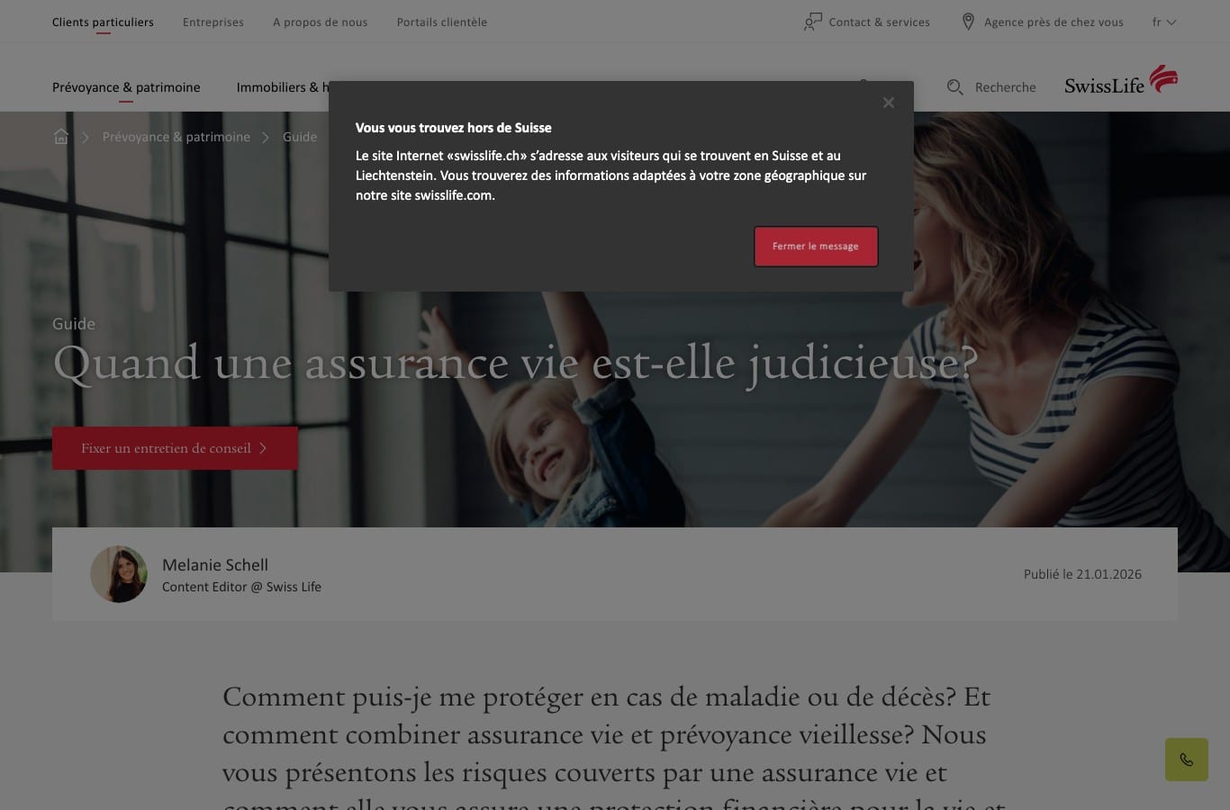 Message de Swiss Life indiquant que le site s adresse aux visiteurs situés en Suisse et au Liechtenstein