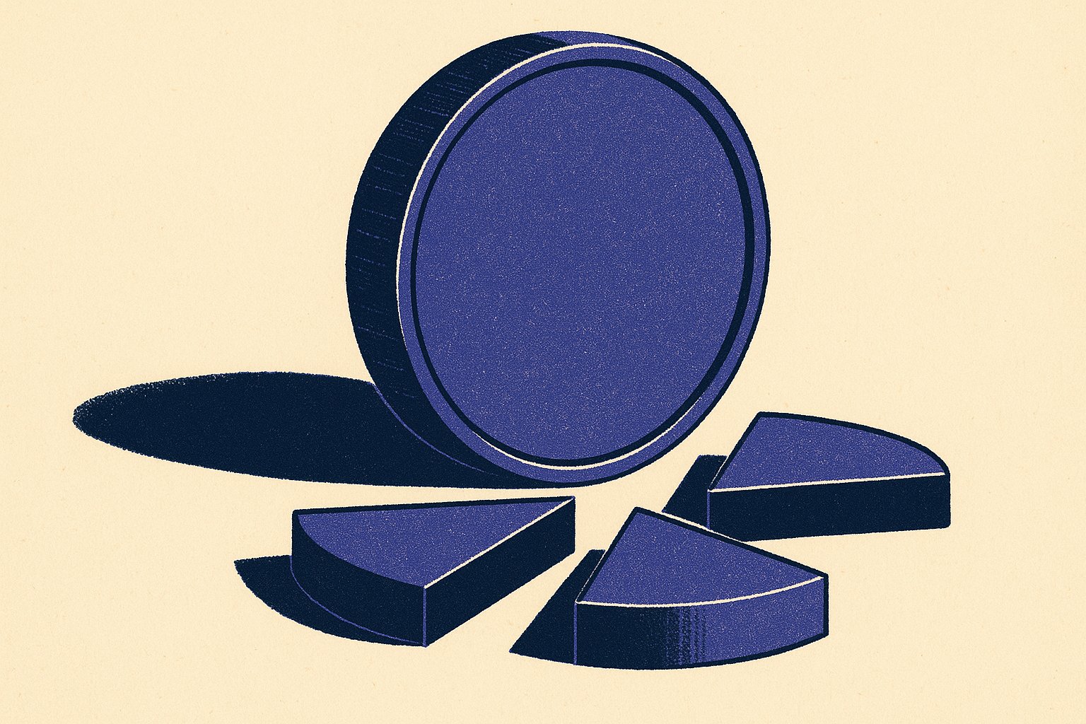 Illustration d'une grande pièce de monnaie entamée dont trois parts ont été retirées, symbolisant les frais et prélèvements sur le rendement