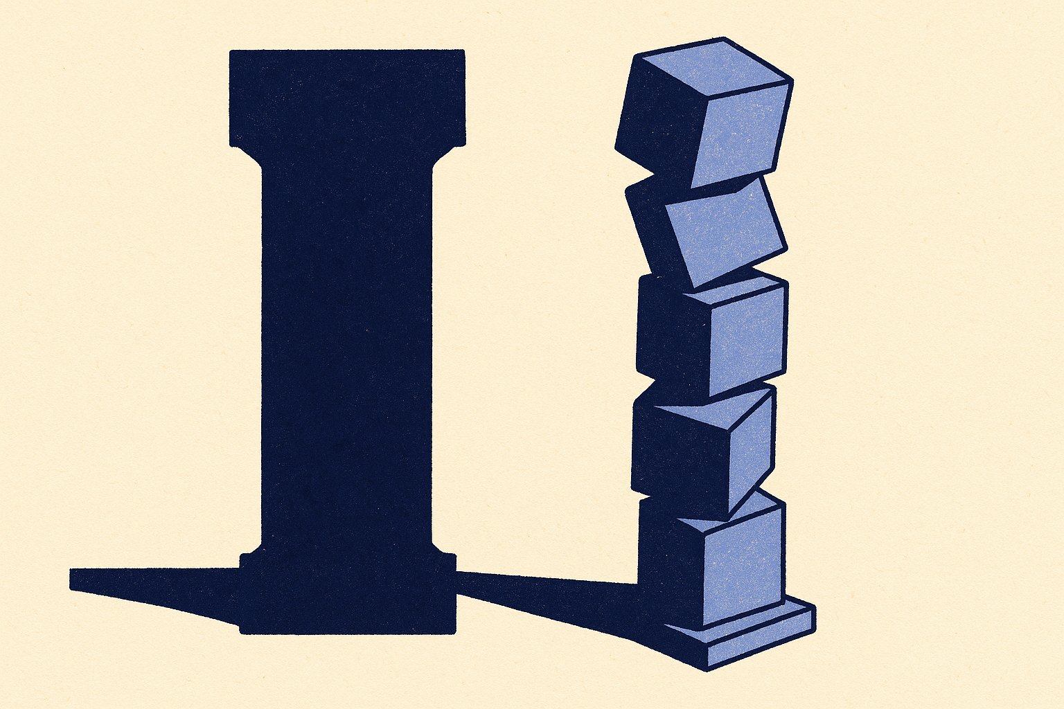 Deux colonnes illustrées, l'une massive et stable, l'autre faite de cubes empilés en équilibre instable, représentant fonds en euros et unités de compte