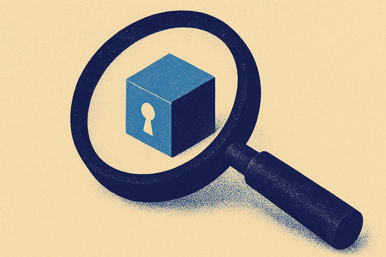 Illustration éditoriale : une loupe examine le noyau garanti d'un contrat, symbole de ce que garantit vraiment le taux technique