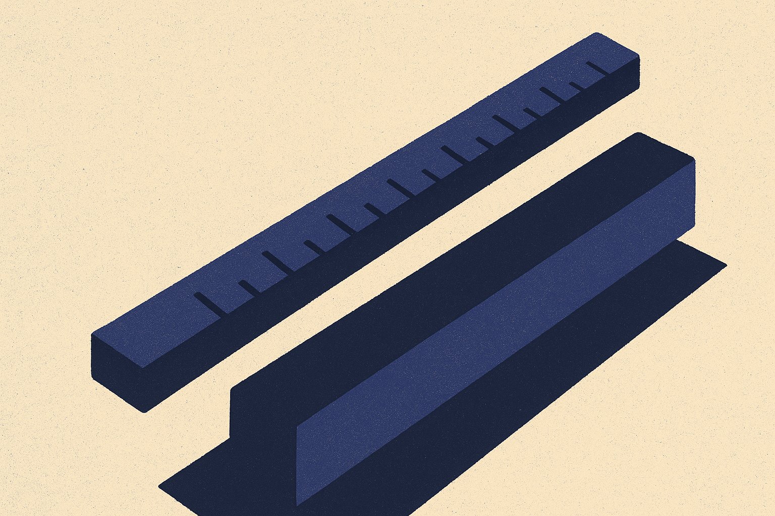 Règle graduée posée en diagonale mesurant une barre pleine, illustration duotone indigo sur fond ivoire