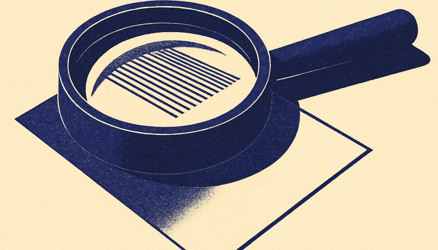 Loupe geante posee sur une feuille de papier, illustration duotone indigo sur fond ivoire