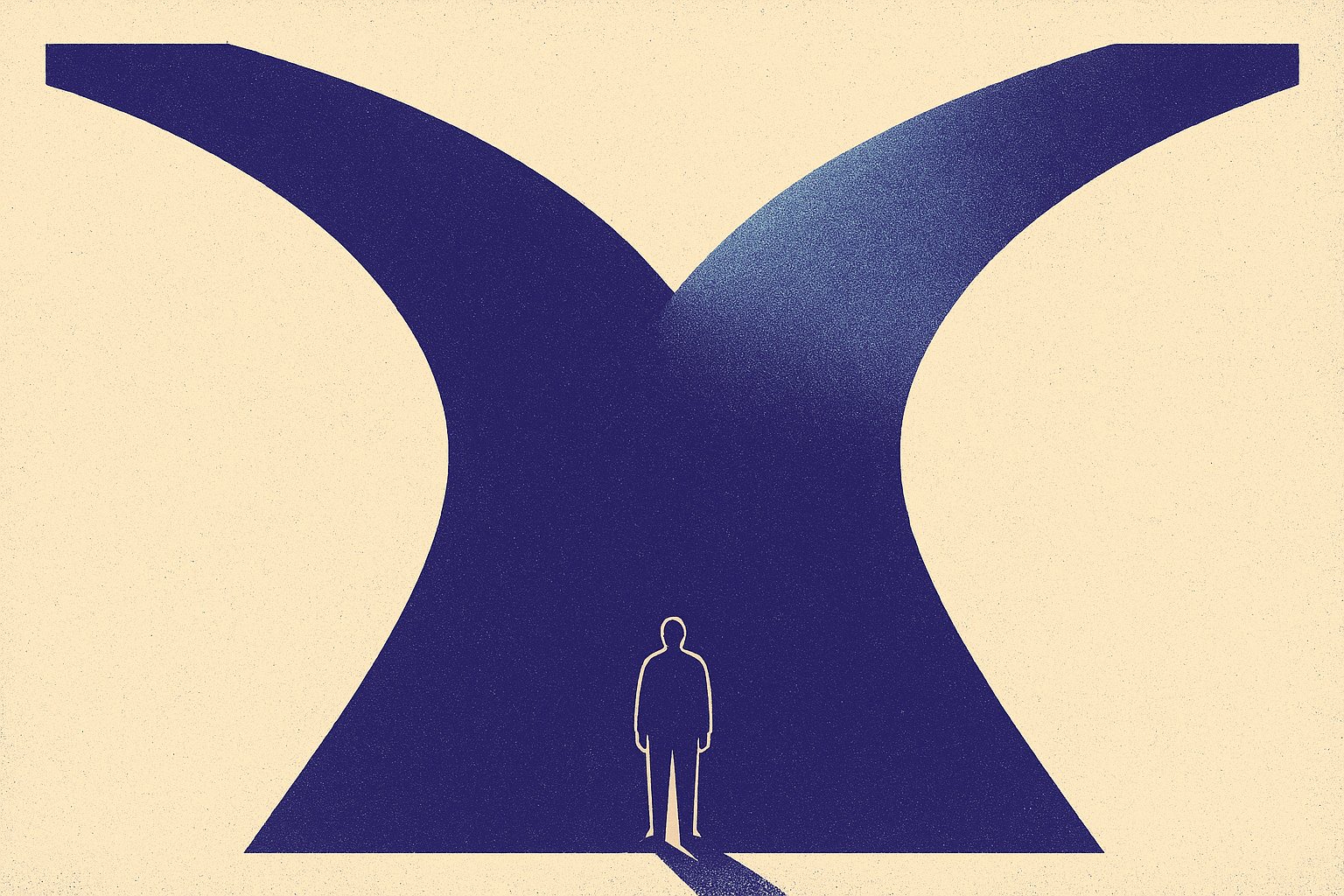 Silhouette à la croisée de deux chemins massifs, illustration du choix entre racheter maintenant ou attendre son assurance vie