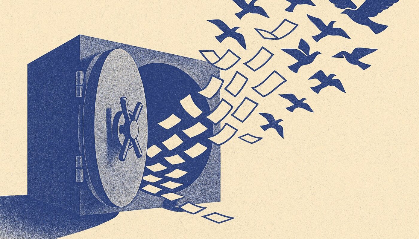 Coffre-fort ouvert d'où s'échappe un envol de billets, illustration du rachat d'assurance vie