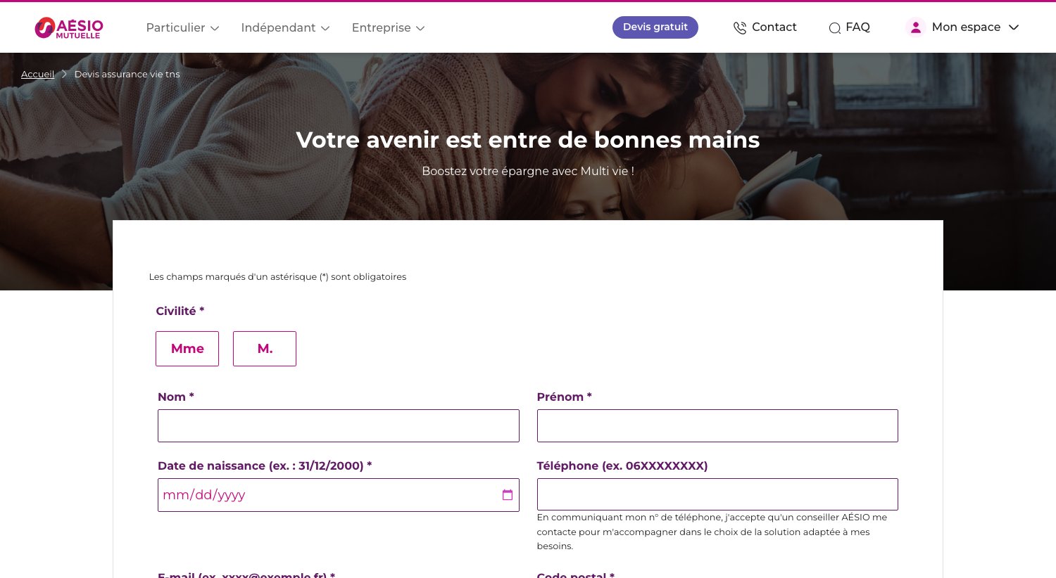 Page de devis assurance vie TNS d'un assureur en ligne