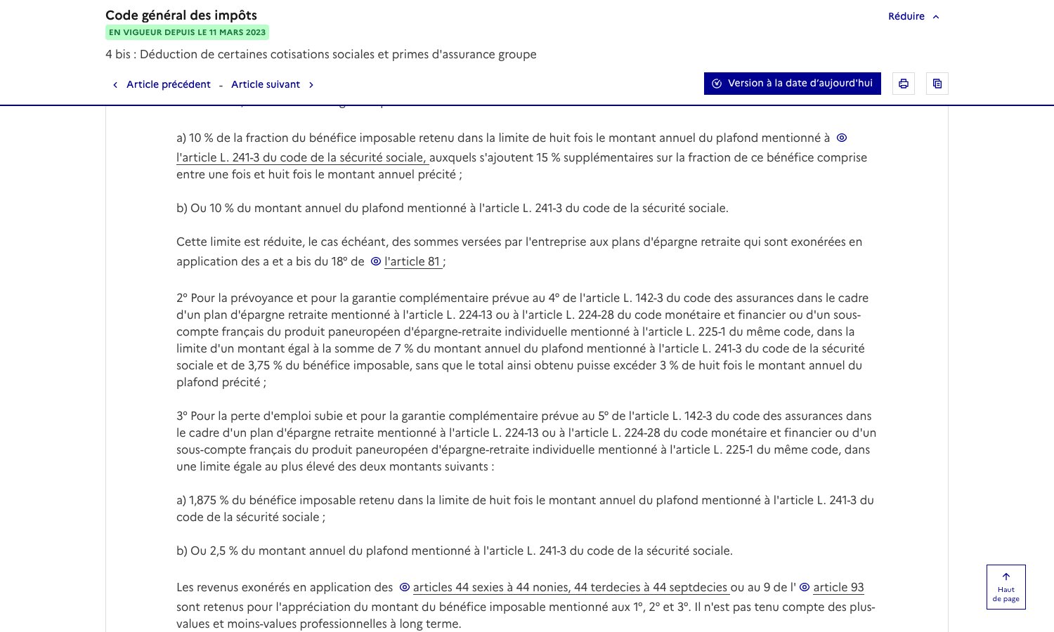 Article 154 bis du code général des impôts sur Légifrance : la formule de déduction des cotisations retraite des travailleurs non salariés
