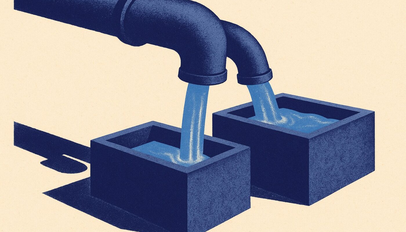 Illustration duotone indigo : un meme tuyau se partage en deux becs qui remplissent deux bassins a des niveaux differents, image du choix entre compte a terme et assurance vie