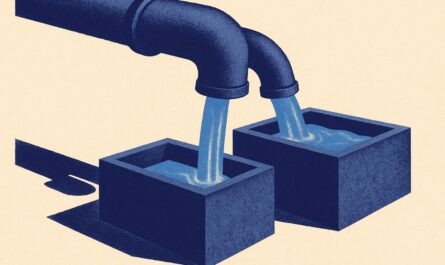 Illustration duotone indigo : un meme tuyau se partage en deux becs qui remplissent deux bassins a des niveaux differents, image du choix entre compte a terme et assurance vie