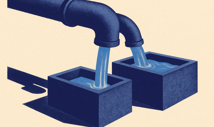 Illustration duotone indigo : un meme tuyau se partage en deux becs qui remplissent deux bassins a des niveaux differents, image du choix entre compte a terme et assurance vie