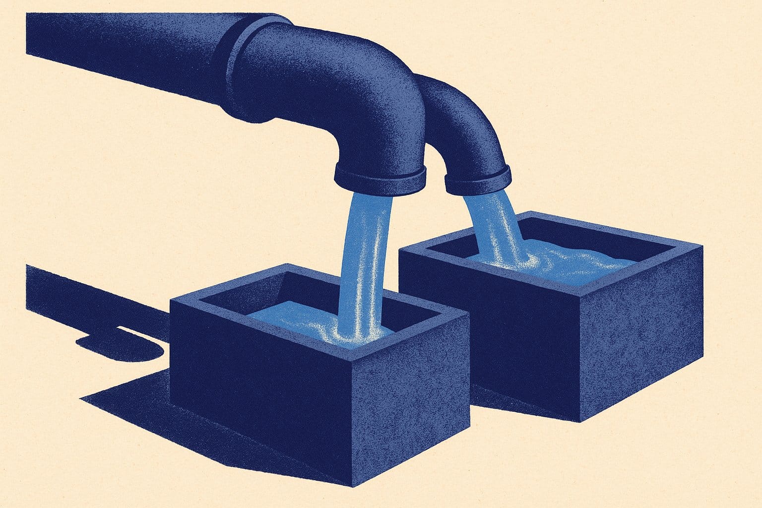 Illustration duotone indigo : un meme tuyau se partage en deux becs qui remplissent deux bassins a des niveaux differents, image du choix entre compte a terme et assurance vie