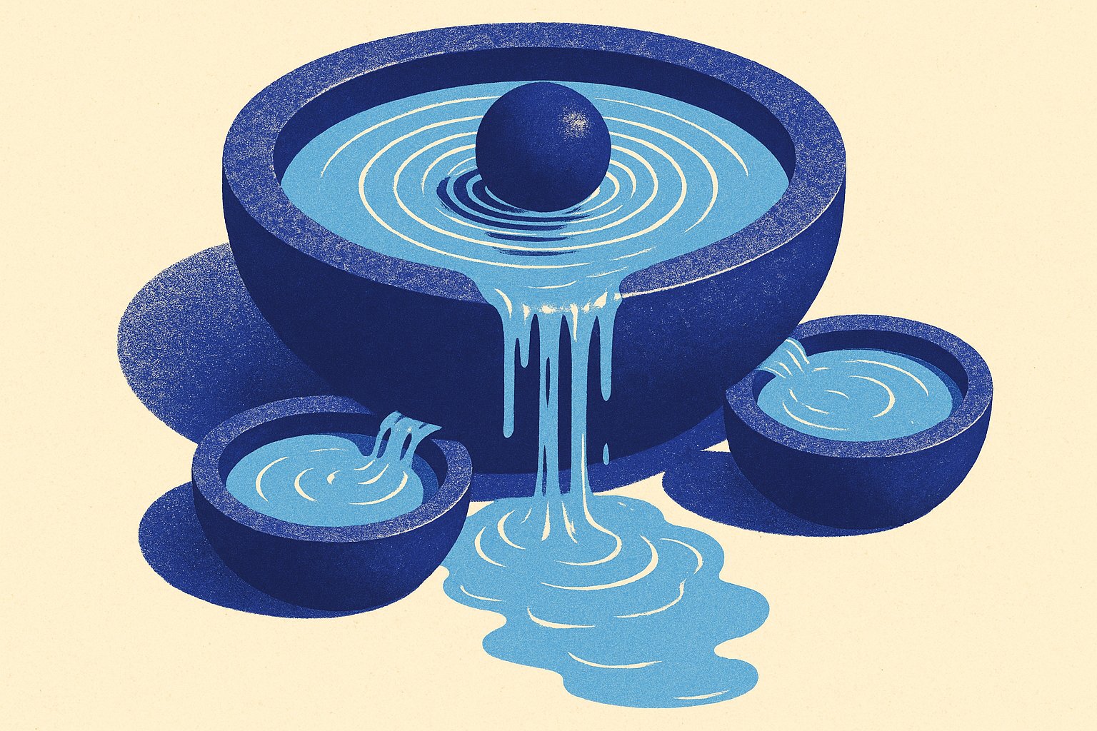 Illustration en duotone indigo et bleu ciel : une pierre tombe dans un grand bassin, les ondes débordent du rebord et remplissent trois petits bassins voisins