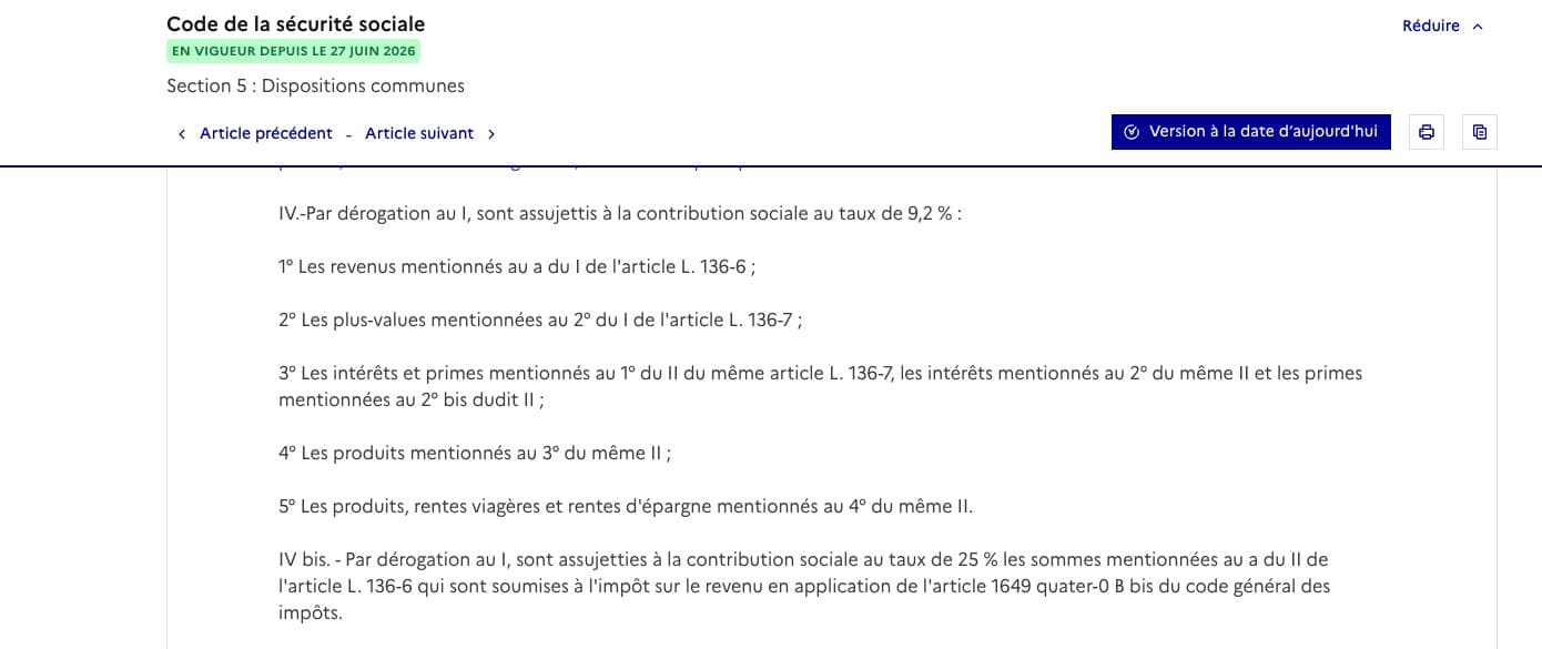 Article L. 136-8 du code de la sécurité sociale sur Légifrance, version en vigueur depuis le 27 juin 2026, paragraphe IV listant les cinq catégories de revenus maintenues à 9,2 % de CSG