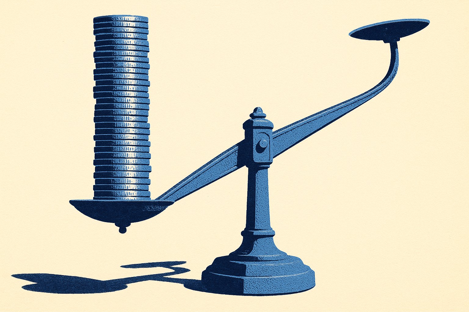 Balance ancienne dont un plateau est écrasé par une haute pile de pièces