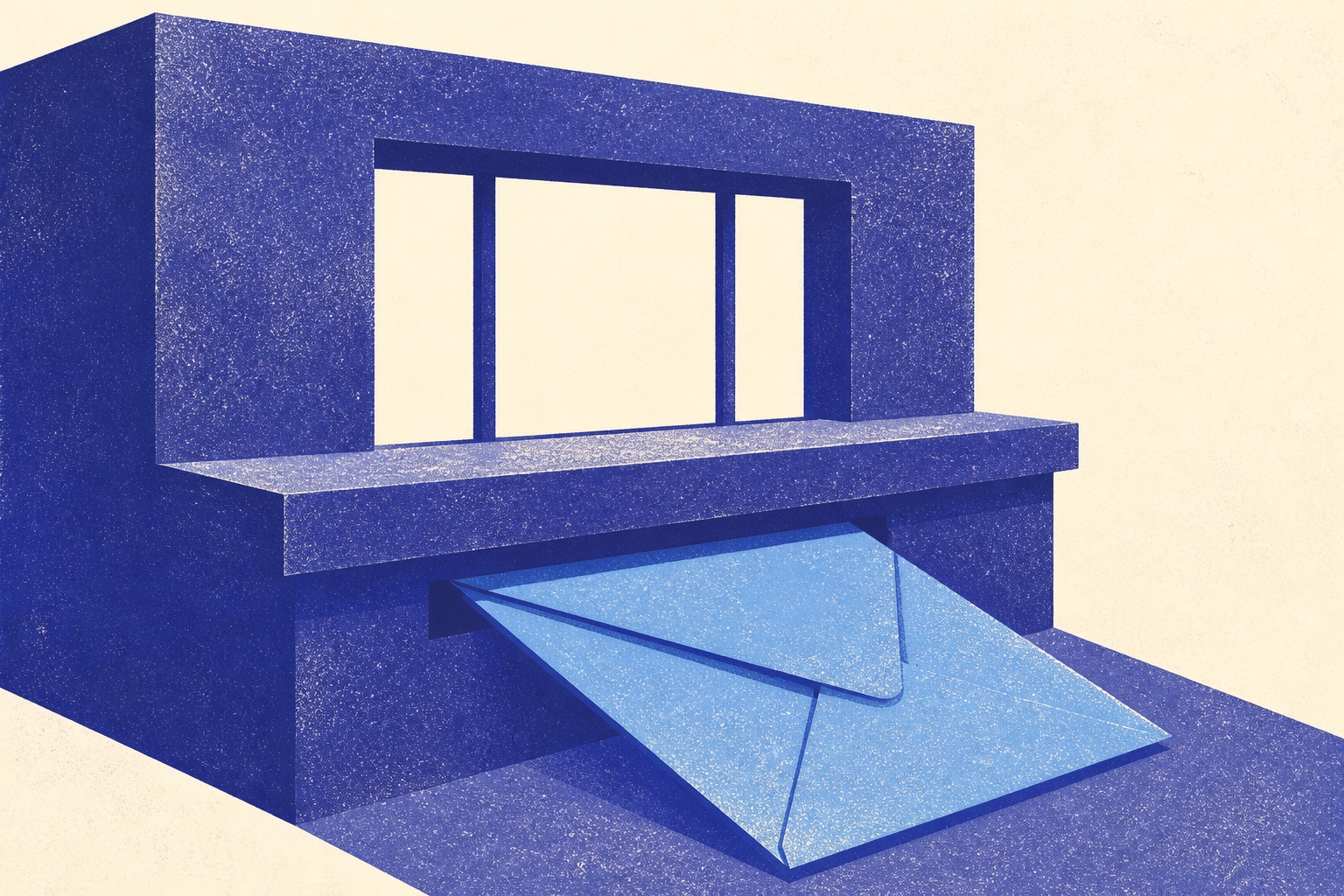 Illustration de presse financière : un guichet abstrait et une grande enveloppe qui glisse en dessous