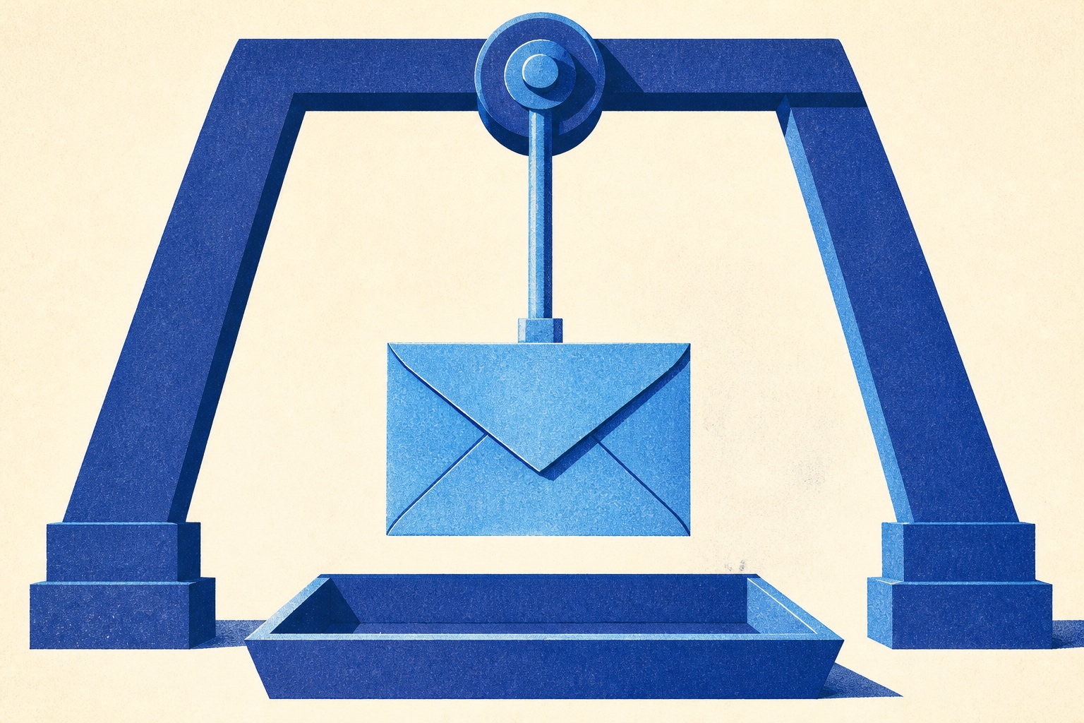 Illustration de presse financière : une sculpture pendule dont le balancier est une enveloppe scellée au-dessus d’un plateau vide