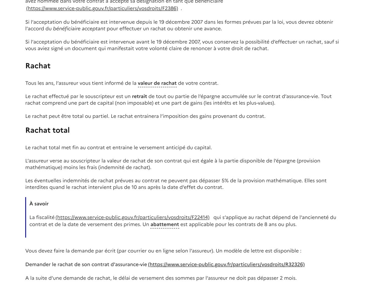 Capture de la fiche Service-Public F15274 : le rachat total d’assurance vie, valeur de rachat et délai de versement maximum de 2 mois