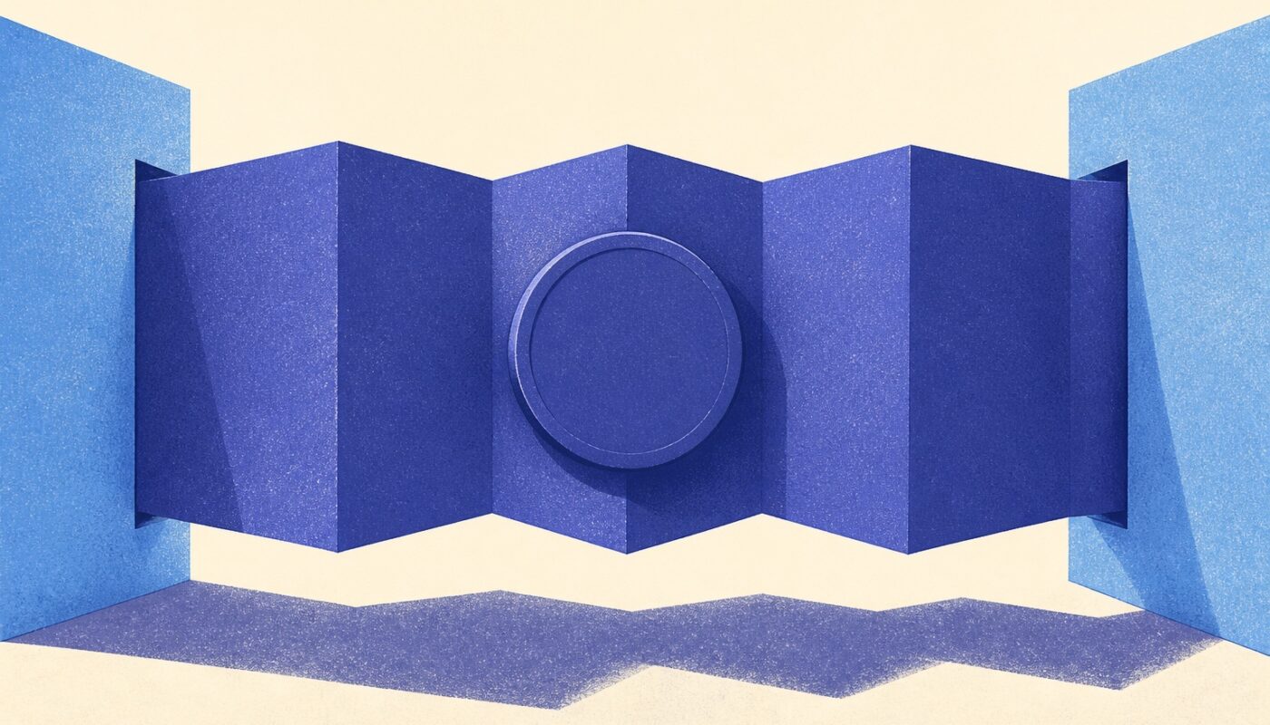 Illustration de presse financière : un accordéon de papier plié avec une pièce bloquée au milieu, métaphore du délai de versement d’un rachat d’assurance vie sur compte courant