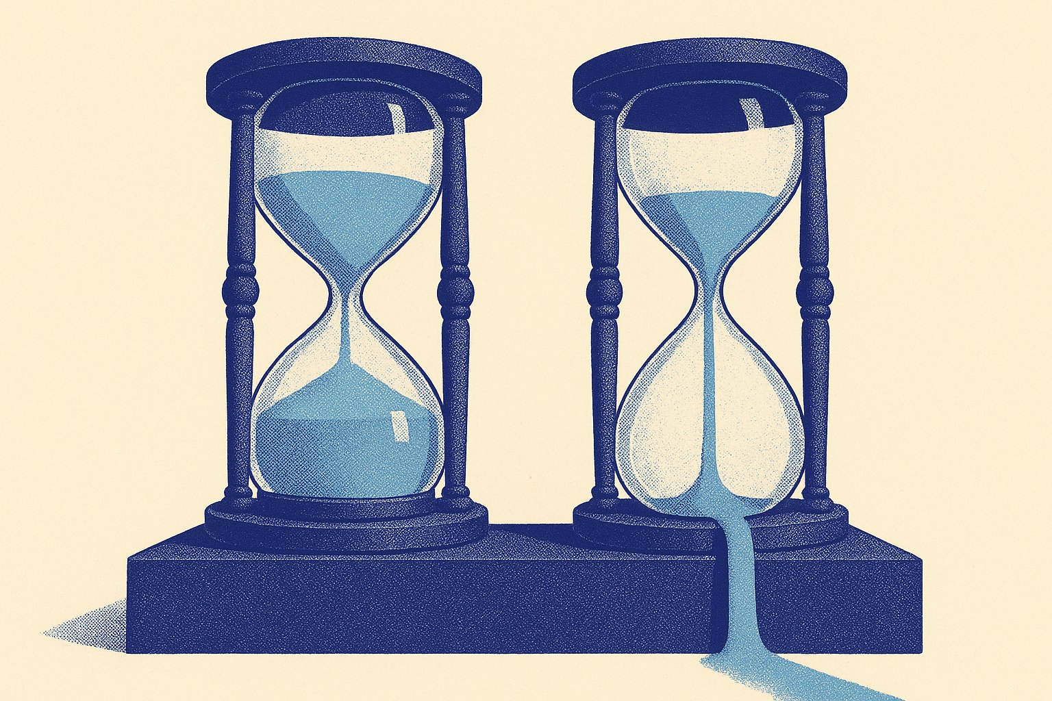 Illustration duotone de deux sabliers monumentaux, l'un scelle a sa base, l'autre ouvert dont le sable s'ecoule sans fin, metaphore de la duree determinee et de la duree viagere d'un contrat d'assurance vie