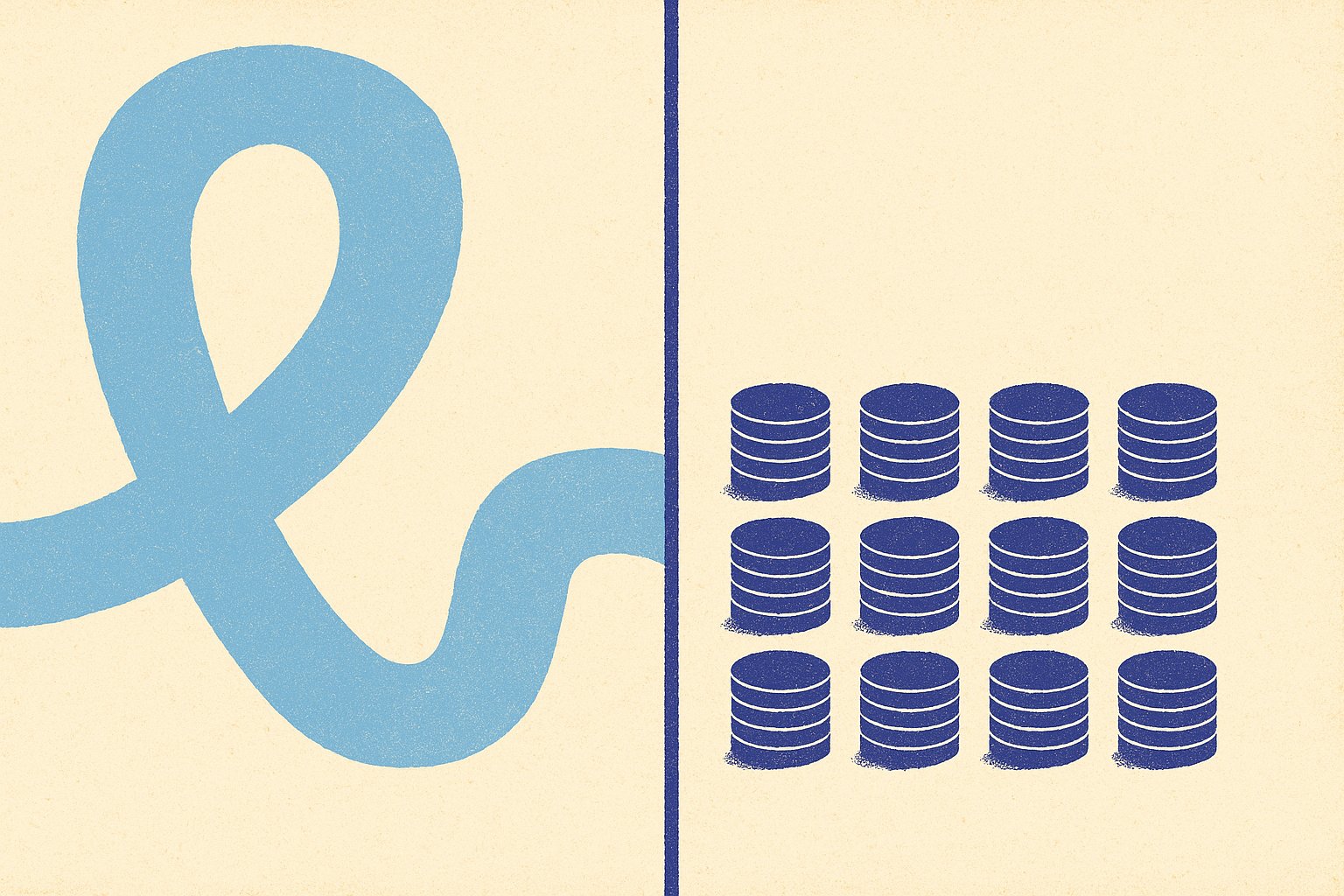 Illustration duotone opposant un ruban continu et une série de piles de jetons régulières, métaphore de la durée du contrat et de la rente viagère