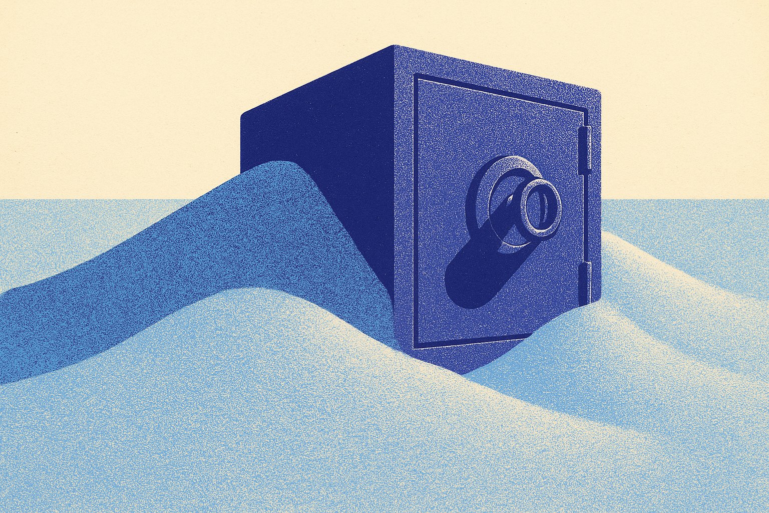 Illustration duotone d'un coffre-fort monumental aux trois quarts enseveli sous le sable, métaphore d'un contrat échu et oublié