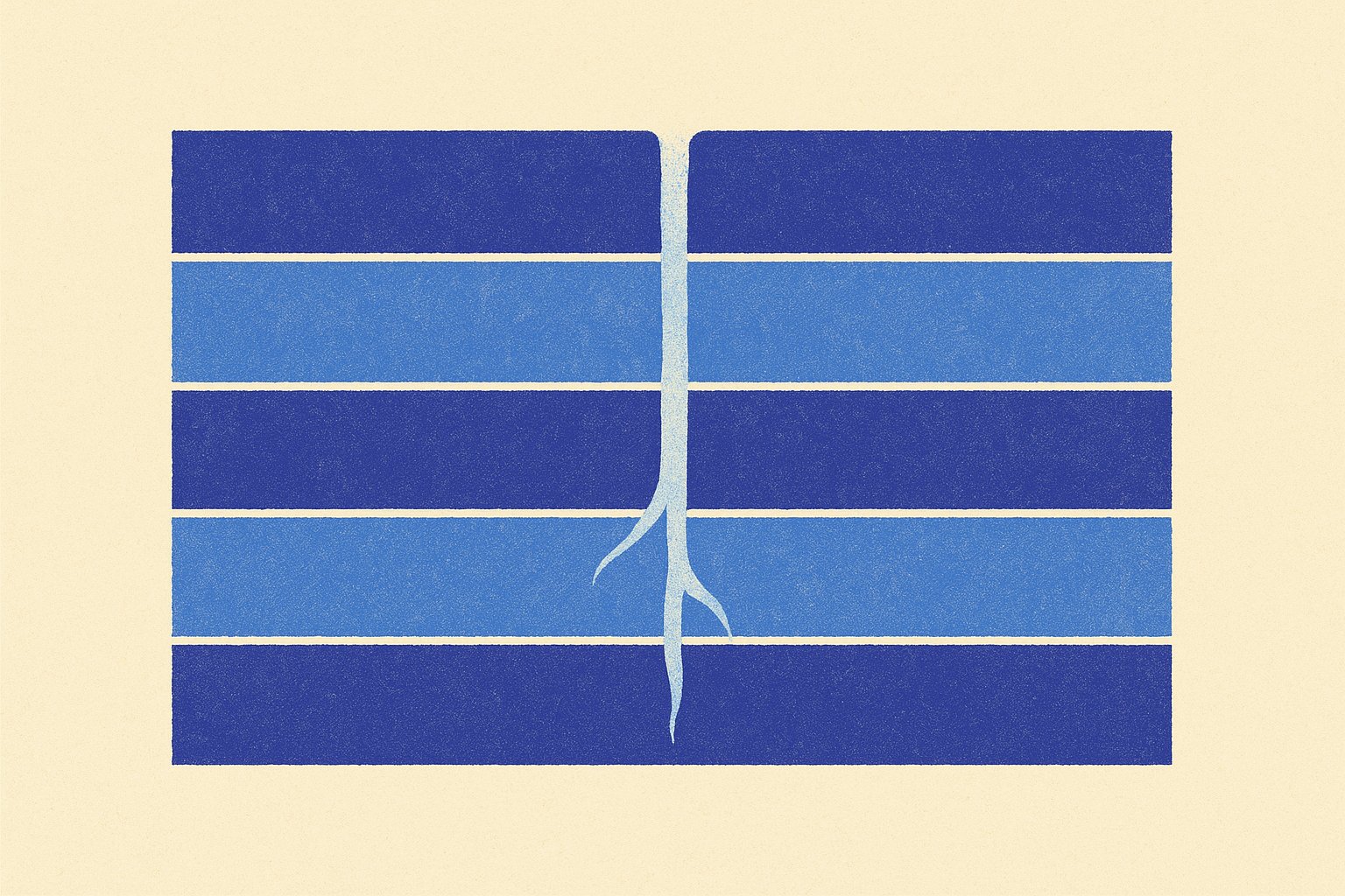 Illustration duotone d'une racine unique traversant cinq strates géologiques sans se rompre, métaphore de l'antériorité fiscale conservée à travers les prorogations