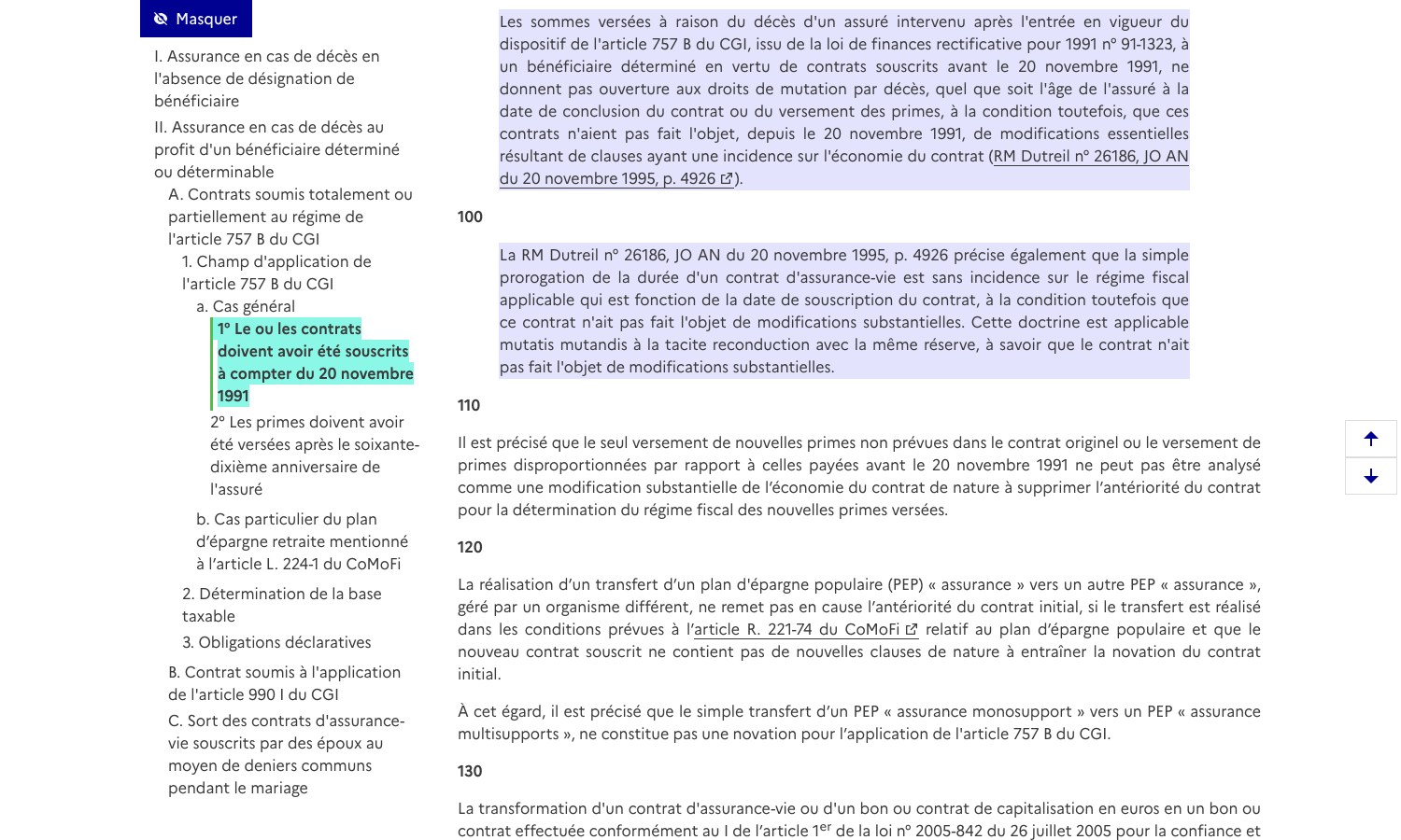 Capture d'écran du paragraphe 100 du BOI-ENR-DMTG-10-10-20-20 sur bofip.impots.gouv.fr, consacré à la prorogation d'un contrat d'assurance vie